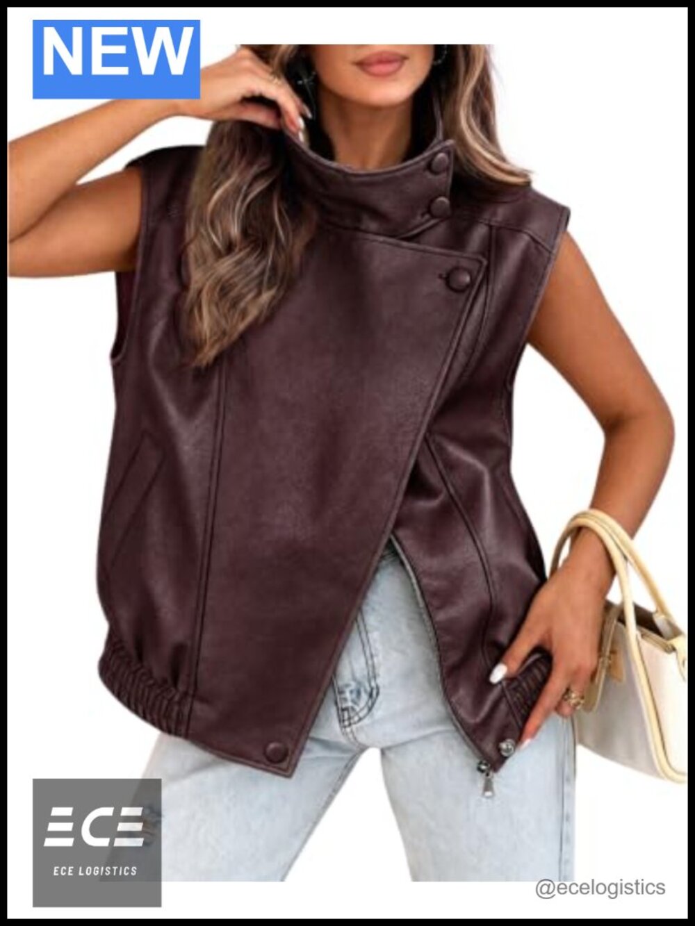 Oversized Faux Leather Vest Stand Collar Sleeveless Zip Snap Jacket